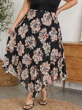 Dress U II Floral Skirt 3X Asymetrical Black Blush Pink Midi Flowy Plus Size